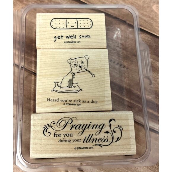 STAMPIN' UP! WELLNESS WISHES Wood Mounted Rubber Stamp set of 3 BANDAID GET WELL - Picture 1 of 5